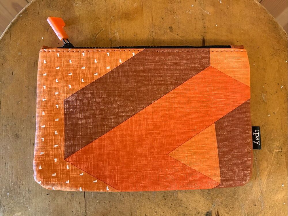 Ipsy X Tetris Make Up Bag Orange Zippered Faux Leather Textured Geometric Print